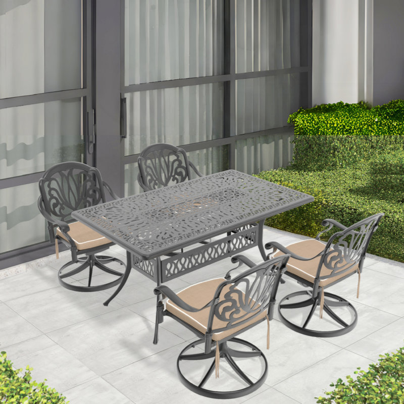 All-Weather Cast Aluminum Dining Set, Include Swivel Chairs And Rectangular Table With Black Frame, 4