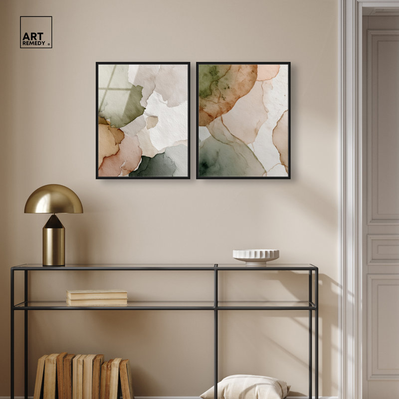 «Beige sol houle duo», ensemble d'art mural sur toile par Art Remedy, H 21 po x l 17 po, Cadre en toile blanche