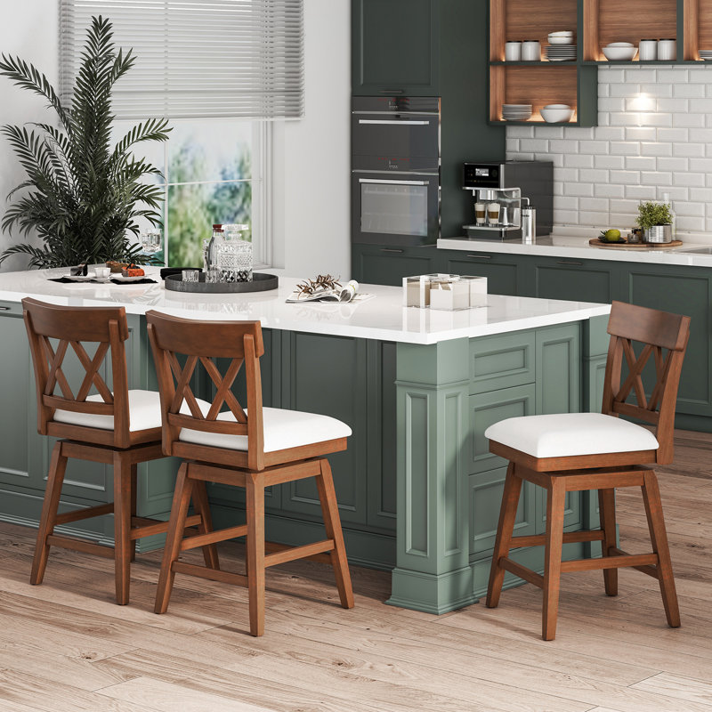  Ensemble de 3 tabourets de bar 26 po en bois avec 3 chaises et dossier rembourré brun et beige