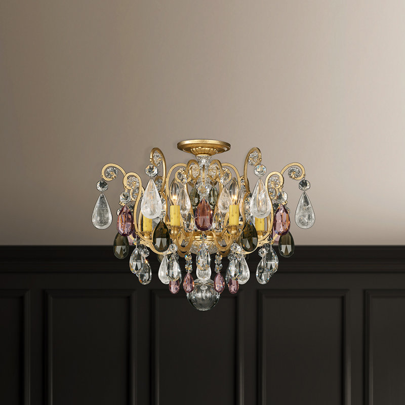 Renaissance Semi Flush Mount, Amethyst And Black Diamond Color Crystals, Antique Pewter