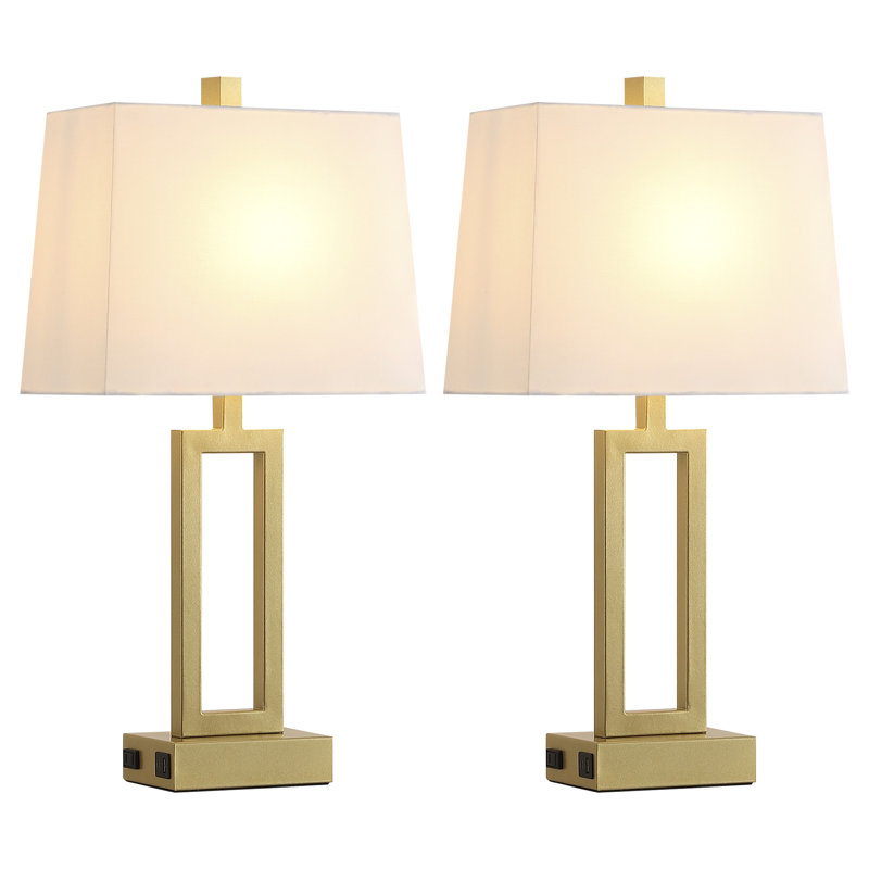 Permelia 23.5" Metal Table Lamp Set with USB, Type-C Ports and Built-in-Oulet, White, Gold