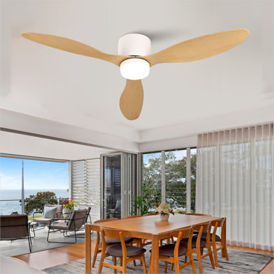 Ventilateur de plafond encastré ultra-mince de 52 pouces avec lumière et télécommande, pales ABS en bois de chêne naturel et blanc doux