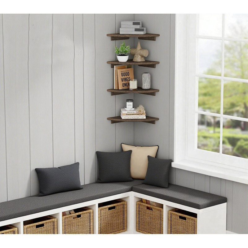 Floating Corner Bookshelf Set, Rustic Wall Mounted Shelves For Living Room, Bedroom, Kitchen, Office, And Closet Storage