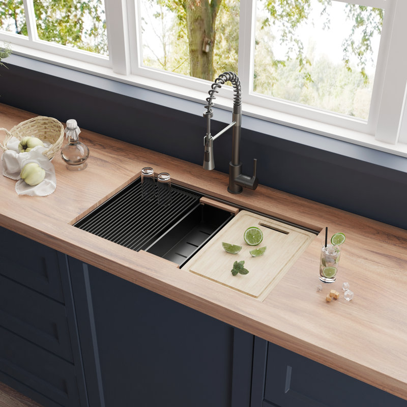All in One Black Faucet ,32 inch Gunmetal Black 304T Single Bowl Undermount Workstation Kitchen Sink