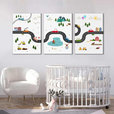 3 Pcs Voiture Pépinière Toile Art Mural Camion De Transport Urbain Peinture Image Murale Affiche D'impression D'œuvre Pour Chambre D'enfants Chambre De Bébé Chambre Décoration