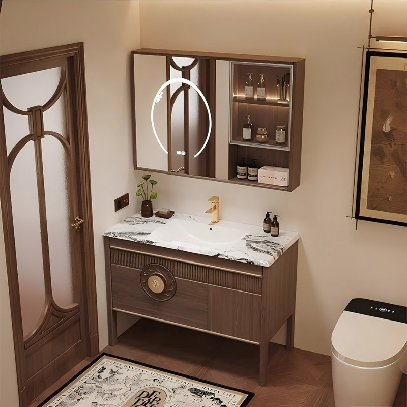 Meuble-lavabo autoportant 47,24 po en bois d'hévéa massif avec miroir, 48"