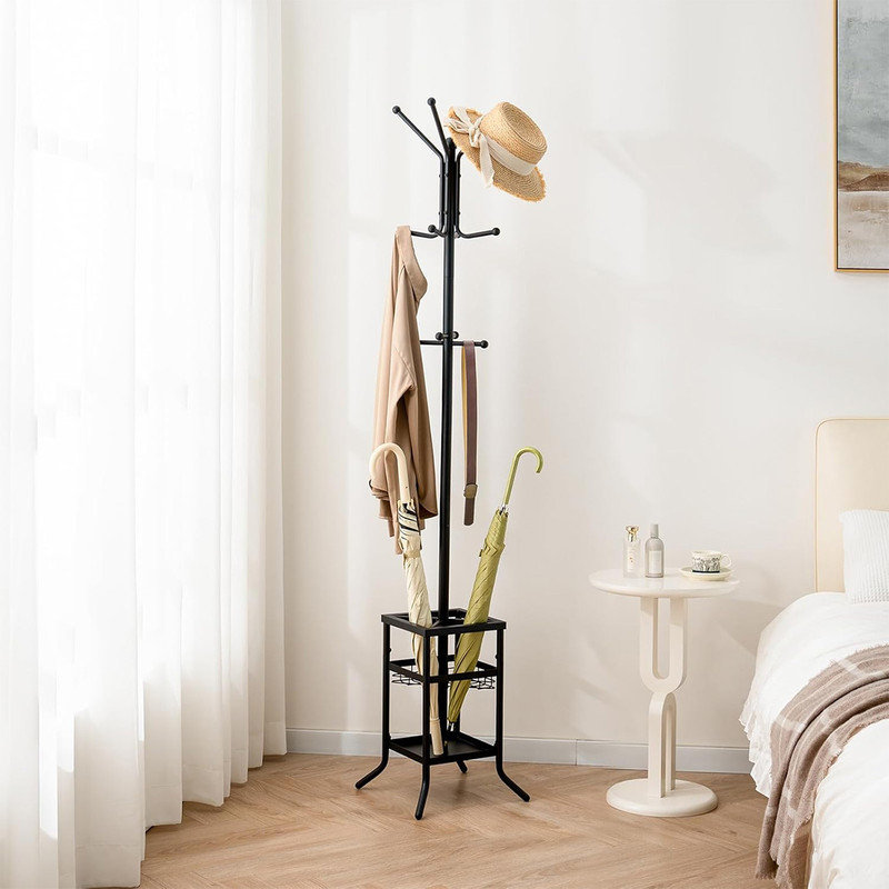 Metal Freestanding Coat Rack – 12 Hooks & Integrated Umbrella Stand With Drip Tray, Heavy-Duty Hall Tree For Entryway, Office, And Living Room.(Black)