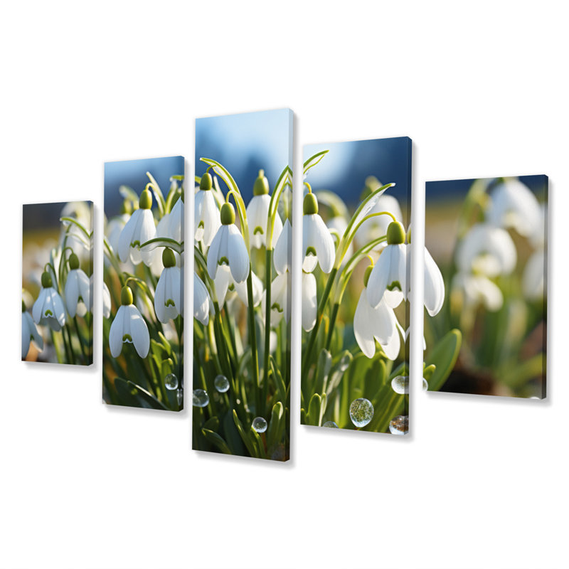 Blanc blanc vert Snowdrops Field III - décoration murale florale - 5 panneaux