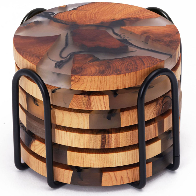 Natural Cedar and Epoxy Resin Round Coaster Set with Holder