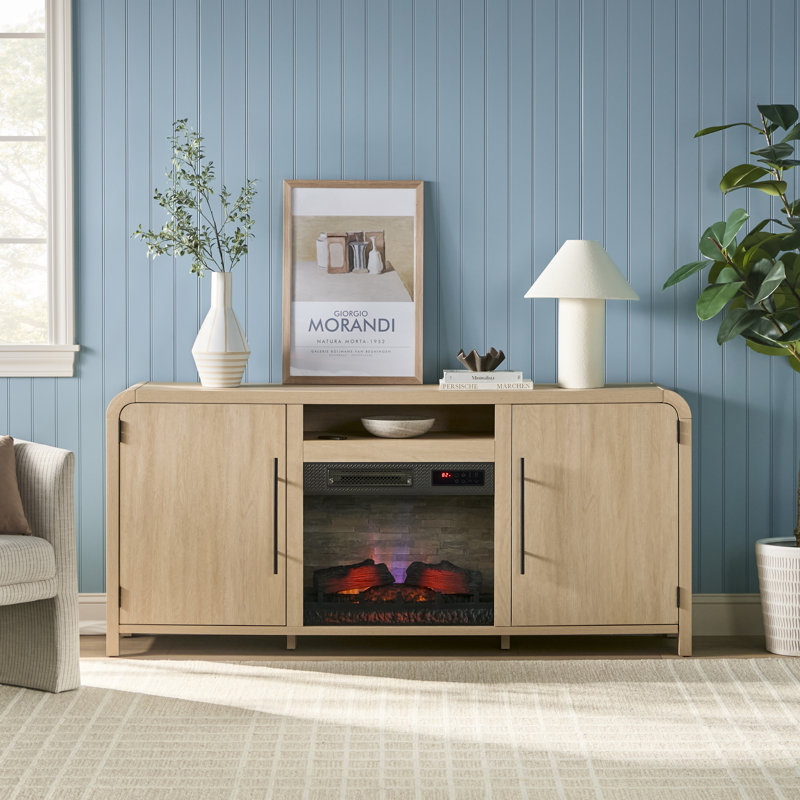 Meuble télé moderne incurvé Chantelle de 70 po avec foyer électrique intelligent duraflame®, commande vocale et application Alexa, chêne côtier