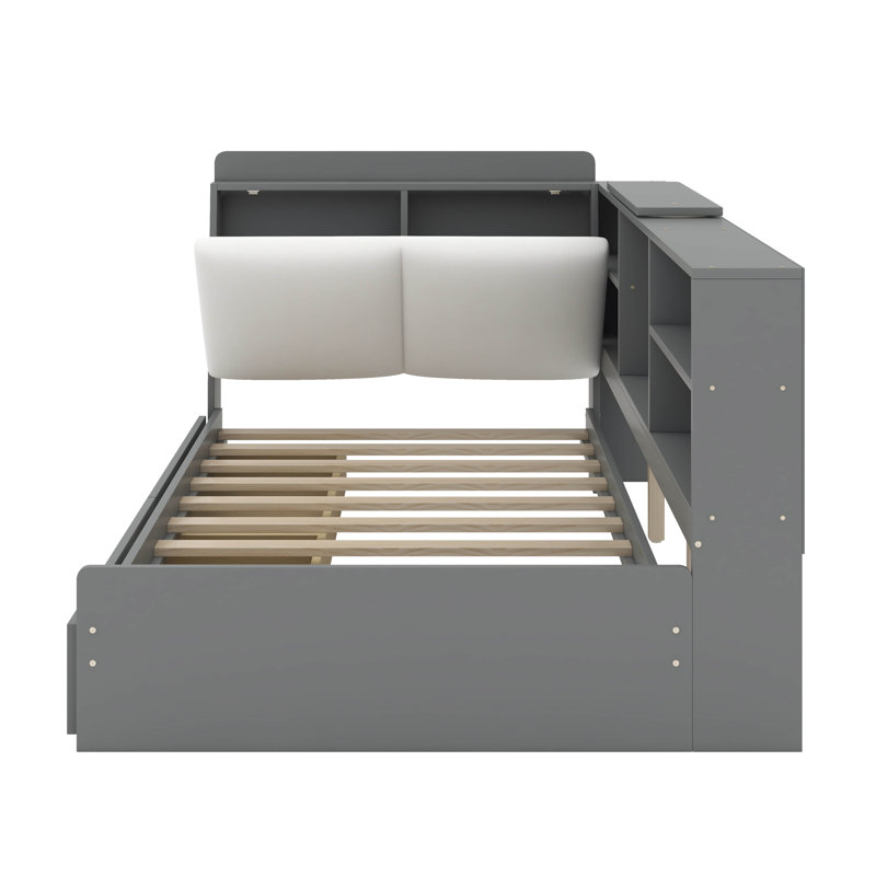 Lit plateforme simple avec tête de lit, tablettes et tiroirs de rangement, Gris