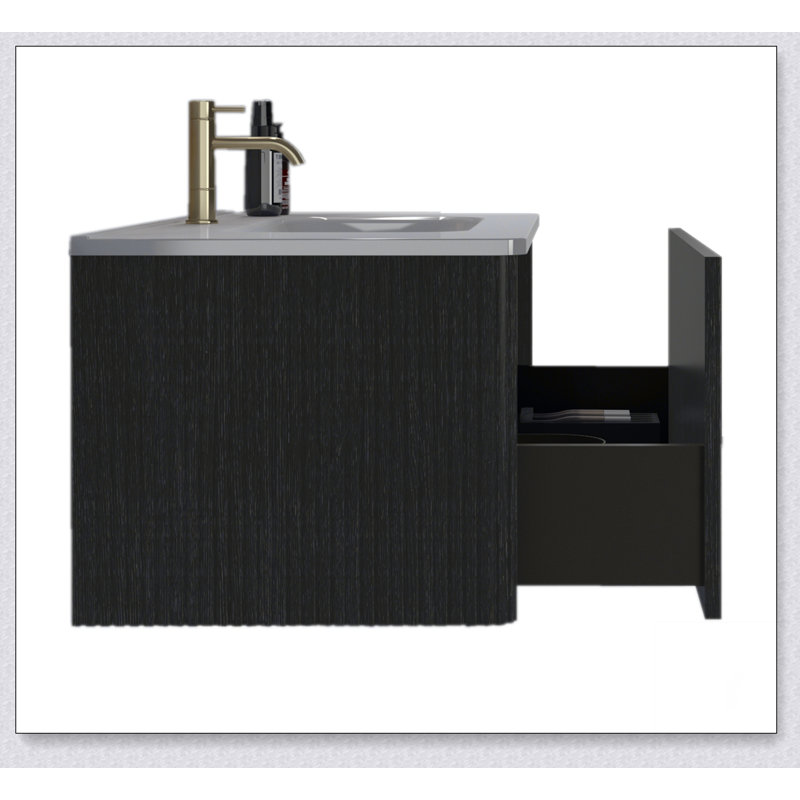 Meuble-lavabo flottant rayé brossé avec lavabo en céramique blanche, meuble-lavabo pour salle de bain moderne, lavabo une pièce blanc sans bonde, pré-assemblé