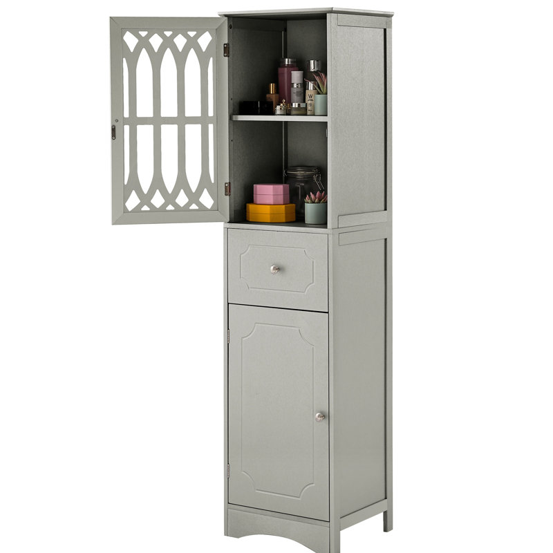 Grey Board Bathroom Console - With Drawer, Doors, And Adjustable Shelf For Freestanding Tall Storage Cabinet, Gray