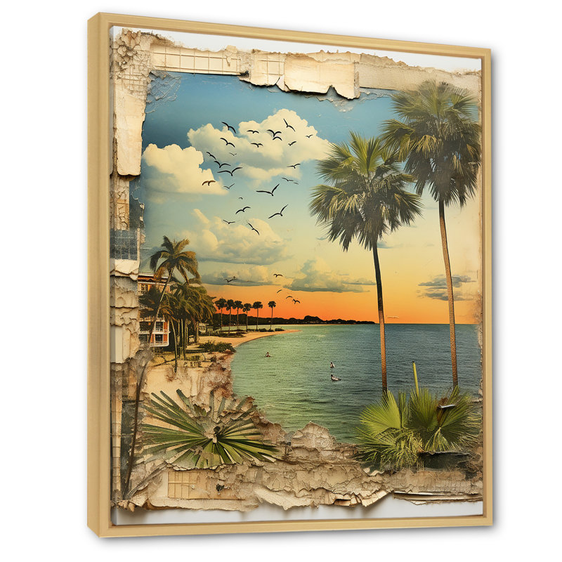 Collage rétro de la Floride, palmiers et plage - Floride, art mural, Cadre flottant érable, H 20 po x l 12 po x P 1 po