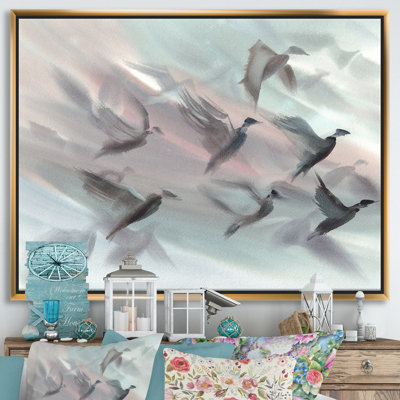 «Silhouttes Flock of Birds Flying on Pastel Fond I», reproduction d'art sur toile