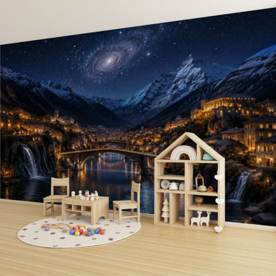 Papier peint mural décoratif « Ville de montagne nocturne » avec ponts et voies navigables illuminés. Décoration murale moderne et autocollante pour chambre et salon (175 cm x 244 cm).