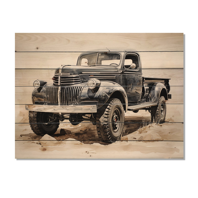 Camionnette minimaliste monochrome sur bois, H 10 po x l 20 po x P 0,78 po