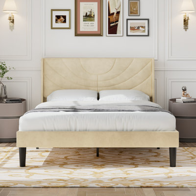 Full Size Velvet Bed Frame with Wingback Headboard, Upholstered Platform Bed with Wing Side Channel Tufted Headboard, Solid Wooden Slats Support, No Box Spring Needed, Noise Free, Beige