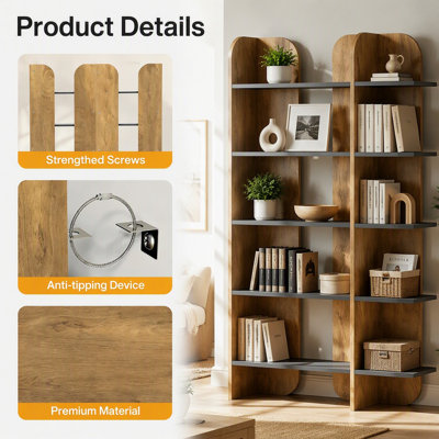 5-Tier Bookcase, Modern Display Shelves, Spacious Bookshelf