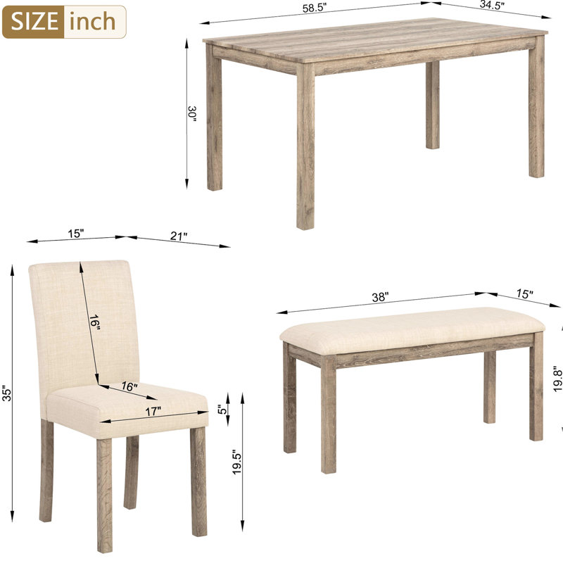 6 tables de salle à manger (brun) - thème rustique avec table en bois, 4 chaises, structure en bois de banc, cuisine de qualité et esthétique brune, surface rembourrée