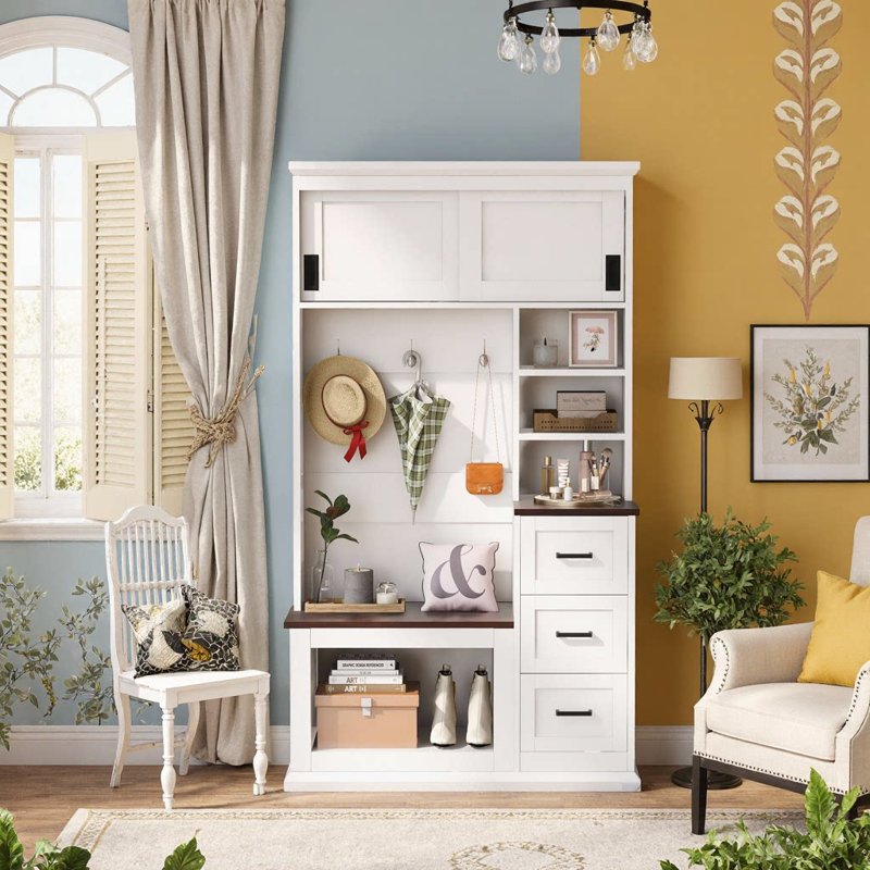 Storage Hall Tree For Home Organization,Entryway Bench With 3 Hooks, 3 Shelves & Drawers