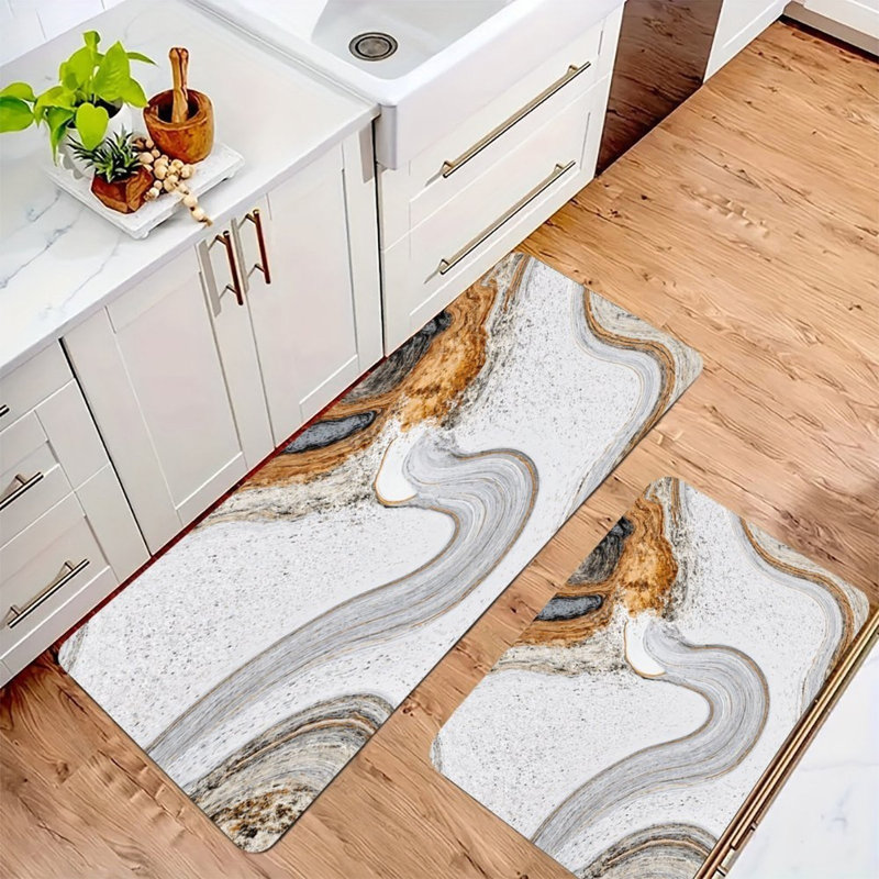 Finition de texture fluide, ensemble de 2 tapis de cuisine, Marbre brun