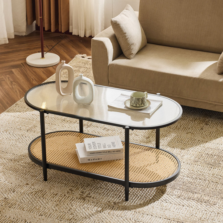 Table basse ovale en rotin blanc