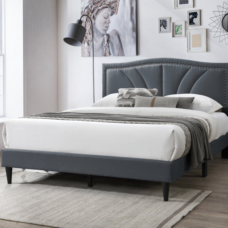Grand lit plateforme en tissu d'ameublement en toile de jute, Gris anthracite