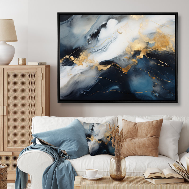 Encre de marbre abstraite dorée et bleue I - décoration murale en marbre, Cadre flottant noir, H 24 po x l 32 po x P 1 po