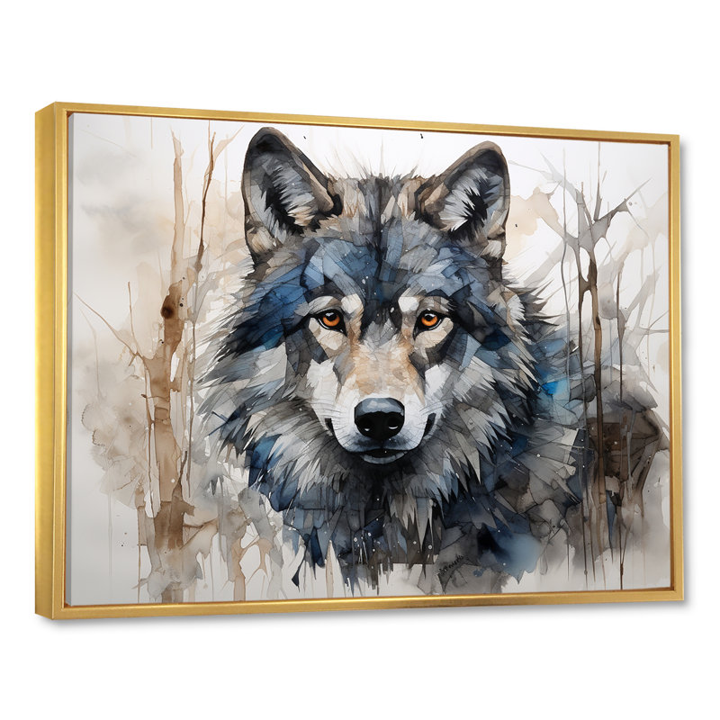 Minimalisme bleu et gris, expression du loup sur toile - loup, H 12 po x l 20 po x P 1 po, Cadre flottant doré