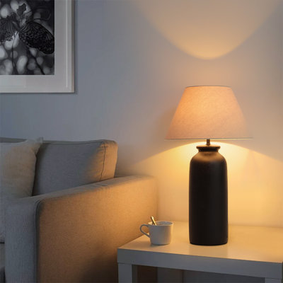  28'' Modern Ceramic Table Lamp with Black Tapered Base and Natural Linen Shade, Ideal for Bedroom Nightstands, Living Room End Tables or Study Desks