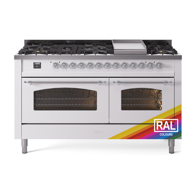 ILVE Nostalgie II 60 Dual Fuel Range, 9 Burners, Griddle, Liquid Propane, RAL Color/Chrome