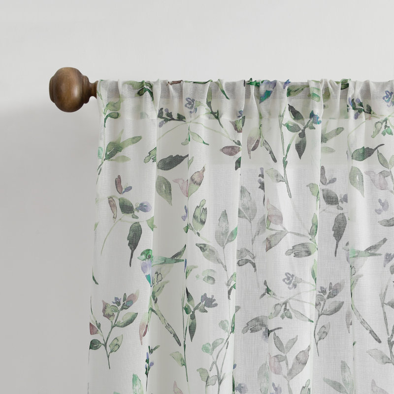 Forest Green Sheer Botanical Print Polyester Window Panels, 37in x 84in
