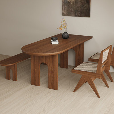 Nut-brown Half-circle Solid Wood Dining Table
