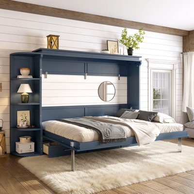 Queen Size Murphy Platform Bed with Shelf, Side Cabinets & Drawers – Space-Saving Wall Bed for Home Office,Blue
