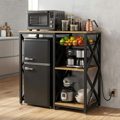 Brown Kitchen Baker's Rack with Power Outlet, Mini Fridge Cabinet with Mesh Basket, Microwave Table Offering Storage for Office, Kitchen, Living Room, or Patio