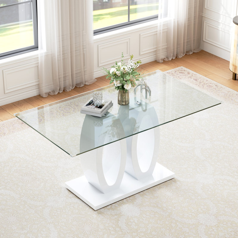 Glass Dining Table, 63" Clear Tempered Glass Top and Double O-Shaped Glossy MDF Base, White