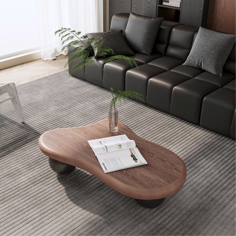 Cloud Shaped Coffee Table With 3 Ball Legs For Living Room, Noir, 11.7" H x 40" L x 26.8" W, Dark Walnut