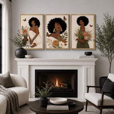 Boho Woman Floral Butterfly Artwork, Bedroom Pictures, Framed Canvas Giclee Print 3 Pieces Wall Art
