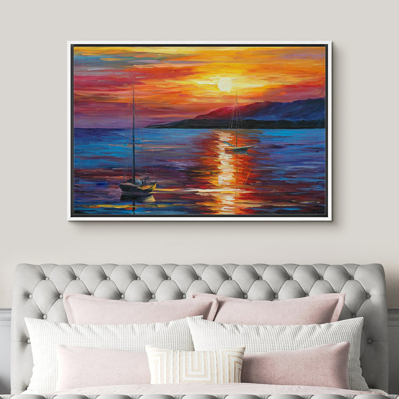 Océan côtier au coucher du soleil, impressions sur toile pour salon, chambre à coucher, décor M13, Cadre flottant blanc