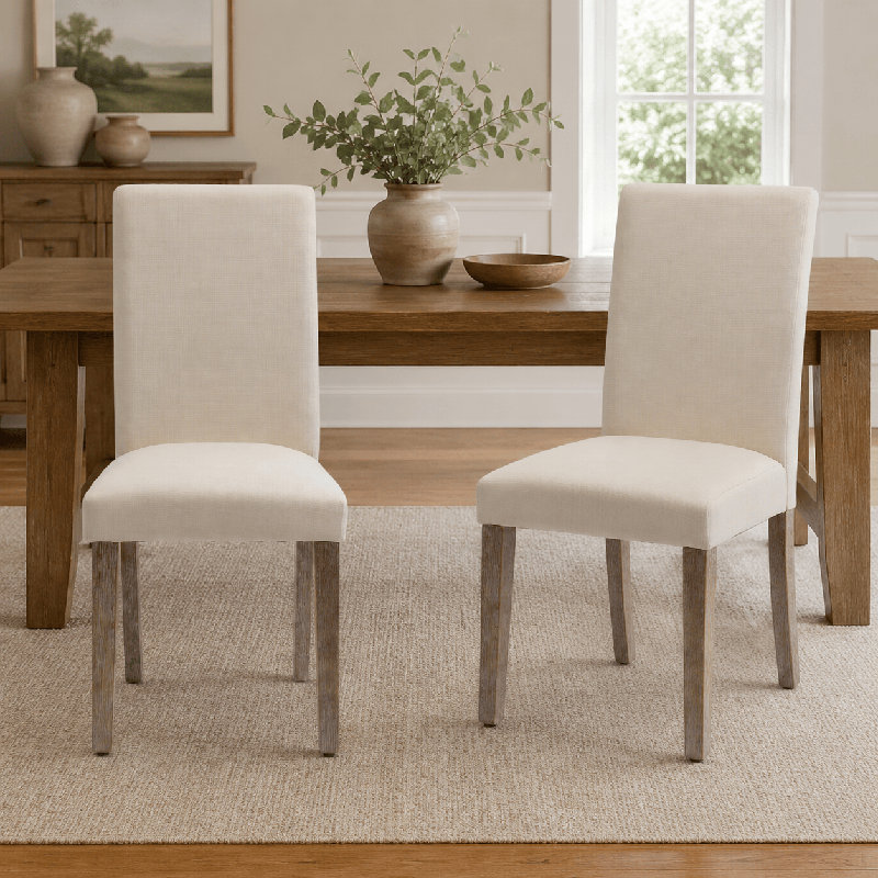 Lot de 2 chaises de salle à manger rembourrées, style chaises d'appoint, pour cuisine ou salon, avec pieds en bois massif et revêtement en tissu mélangé en lin.
