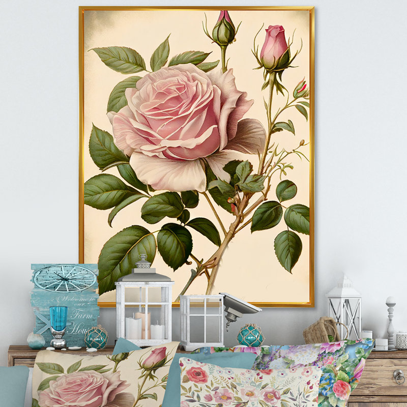 «Pink Rose on Retro Parchment IV», reproduction sur toile, H 32 po x l 16 po x P 1 po, Cadre flottant doré