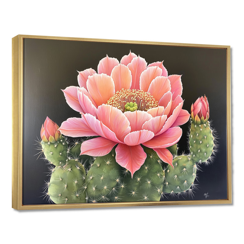 Cactus rose en fleurs dans le désert de Mojave - impression d'art mural cactus floral, H 12 po x l 20 po, Doré