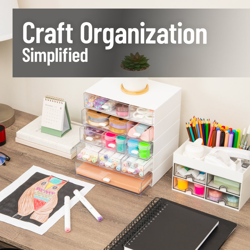  Stackable Craft Organizer with Drawers, Modular Storage Tower, Interlocking Design for Art Supplies, Office Supplies, Sewing, Beads, Plastic, Set of 5, White