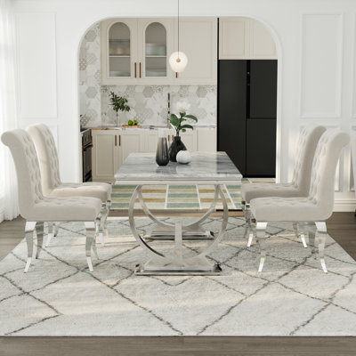 Luxury White And Silver Dining Table Set With White Velvet Dining Chairs