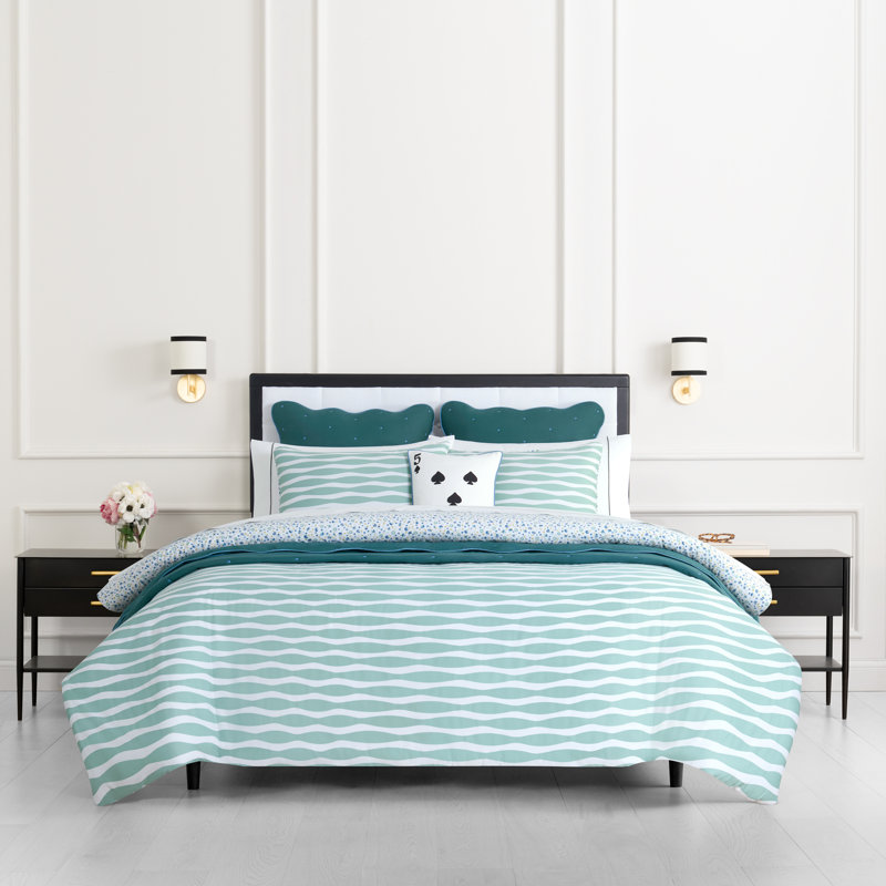 kate spade new york Rhythmic Geo Twin Comforter Set, 300 Thread Count Cotton Sateen Reversible Cover, All Season 2 Piece Bedding, Machine Washable, Blue Aqua Tourmaline  