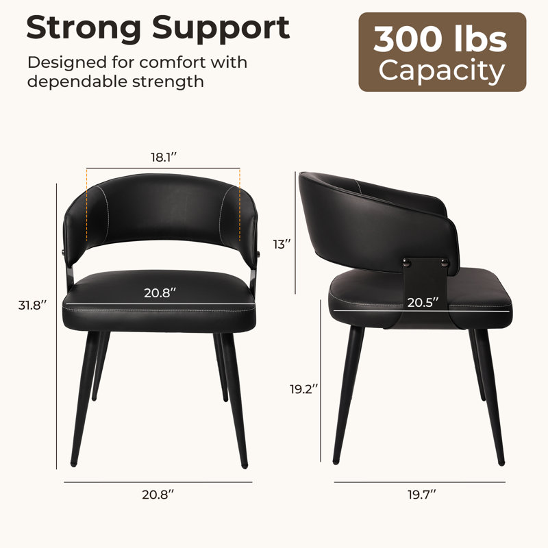 Mid-Century Modern Dining Chairs, Faux Leather Upholstered Armchairs with Curved Barrel Back and Metal Legs for Kitchen and Dining Room