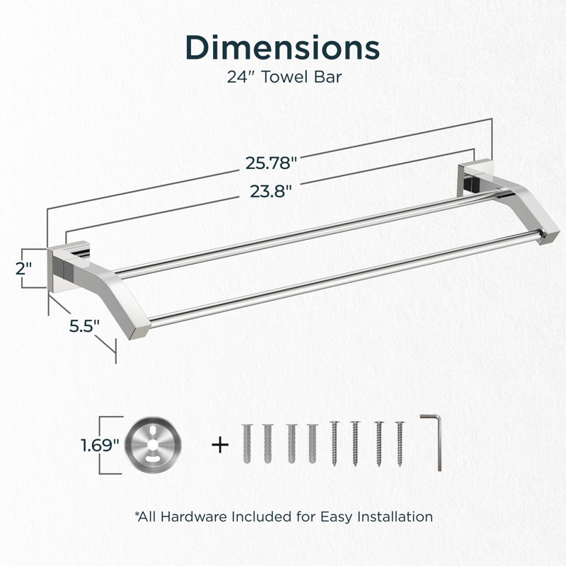 Barre à serviettes murale 24 po SUS304, H 2 po x L 25,8 po x P 5,3 po, Chrome