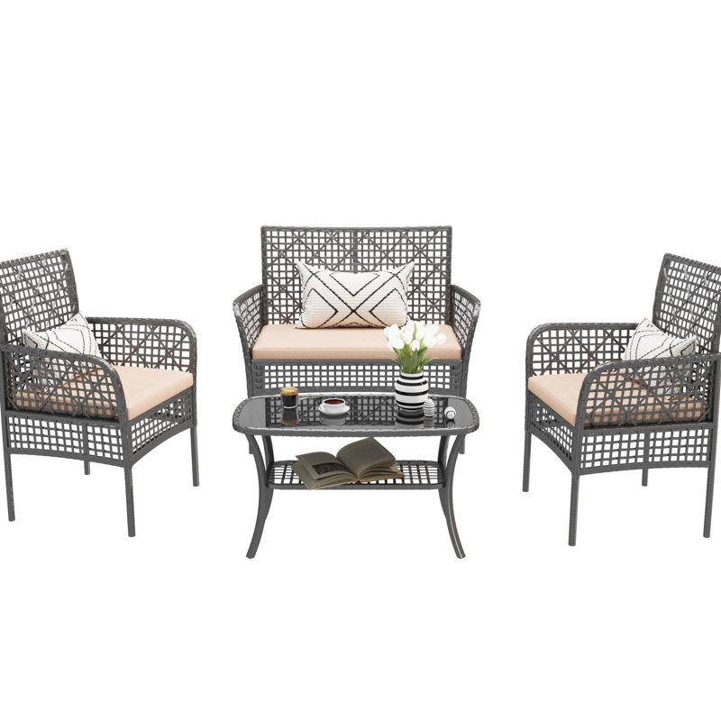 Ensemble de 4 pièces pour la piscine, avec coussins moelleux et table en verre trempé, Beige