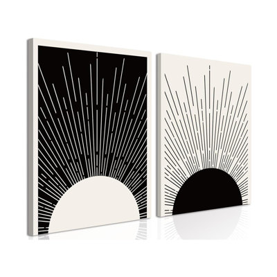 "Boho Sun", ensemble d'art mural encadré de 2 impressions sur toile abstraites et abstraites au soleil en noir et blanc